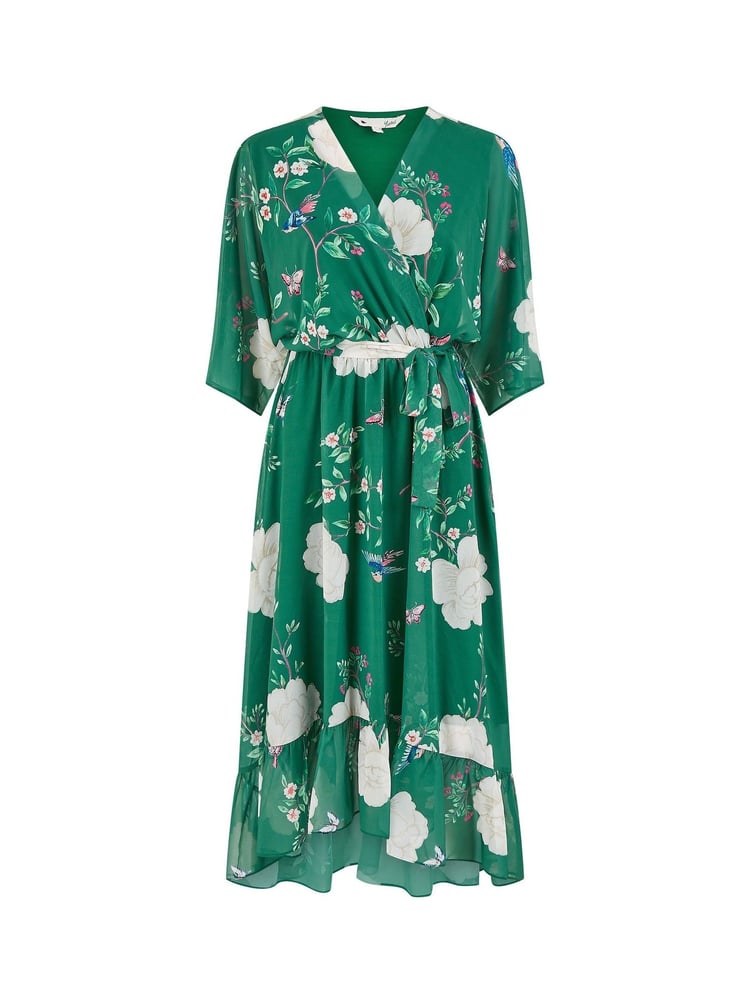 Yumi Green Bird and Floral Print Midi Wrap Dress - Image 5 of 5