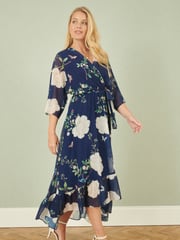 Yumi Blue Bird and Floral Print Midi Wrap Dress - Image 1 of 5