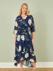 Yumi Blue Bird and Floral Print Midi Wrap Dress - Image 2 of 5