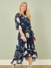 Yumi Blue Bird and Floral Print Midi Wrap Dress - Image 3 of 5