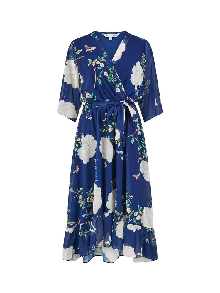 Yumi Blue Bird and Floral Print Midi Wrap Dress - Image 5 of 5