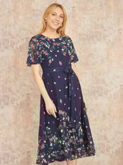 Yumi Blue Daisy Mirror Placement Skater Dress With Angel Sleeves - Image 1 of 5