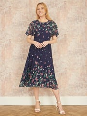 Yumi Blue Daisy Mirror Placement Skater Dress With Angel Sleeves - Image 2 of 5