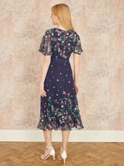 Yumi Blue Daisy Mirror Placement Skater Dress With Angel Sleeves - Image 4 of 5