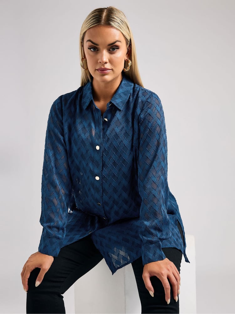 Yours Curve Blue London Textured Long Line Shirt - Image 1 of 5