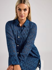 Yours Curve Blue London Textured Long Line Shirt - Image 4 of 5