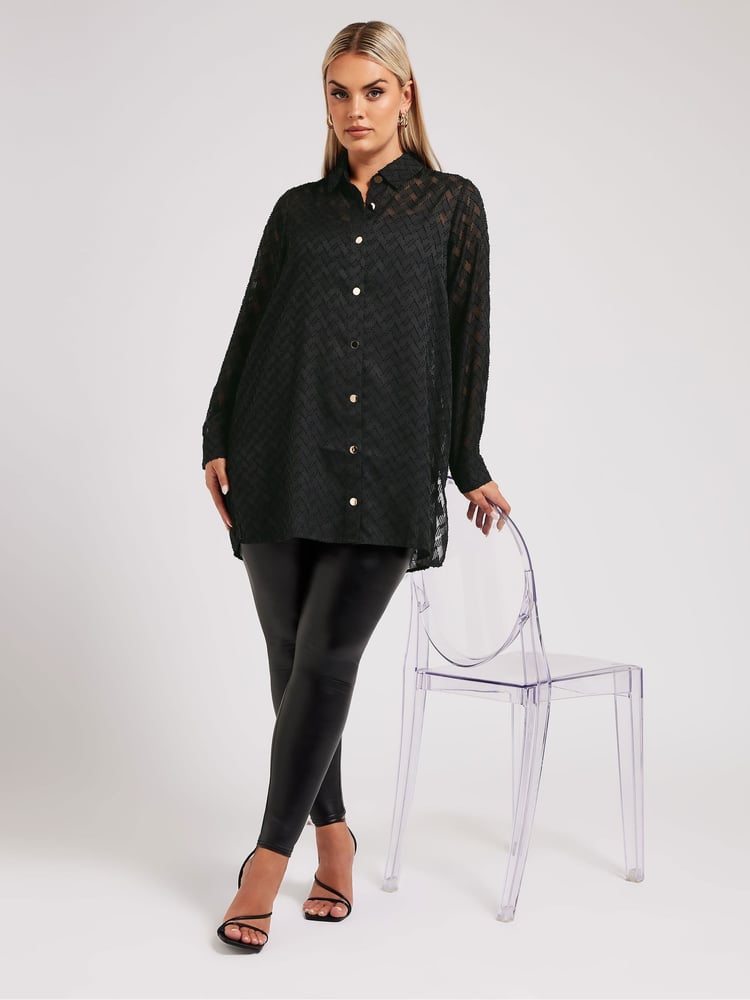 Yours Curve Black London Textured Long Line Shirt - Image 1 of 5