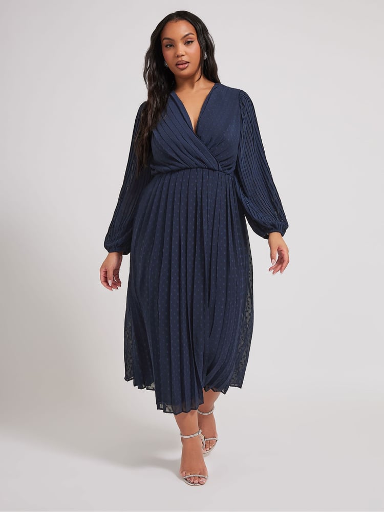 Yours Curve Blue London Dobby Wrap Dress With Bellow Sleeve - Image 1 of 5 Yours Curve Blue London Dobby Wrap Dress With Bellow Sleeve - Image 1 of 5
