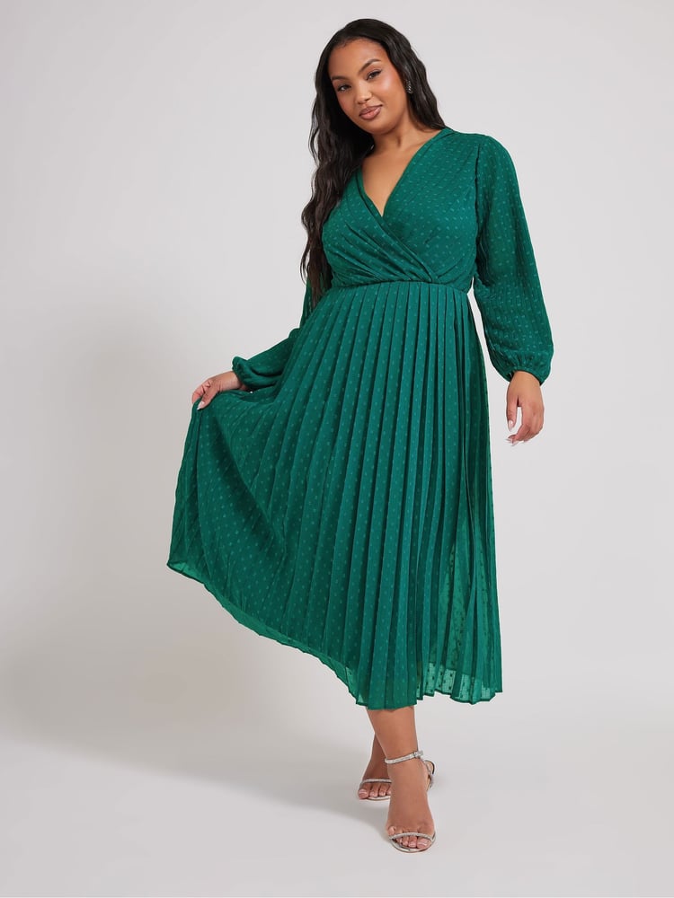 Yours Curve Green London Dobby Wrap Dress With Bellow Sleeve - Image 1 of 5 Yours Curve Green London Dobby Wrap Dress With Bellow Sleeve - Image 1 of 5