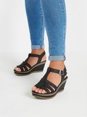 Yours Curve Black Wide Fit Extra Wide Fit T-Bar Heeled Sandals - Image 1 of 2