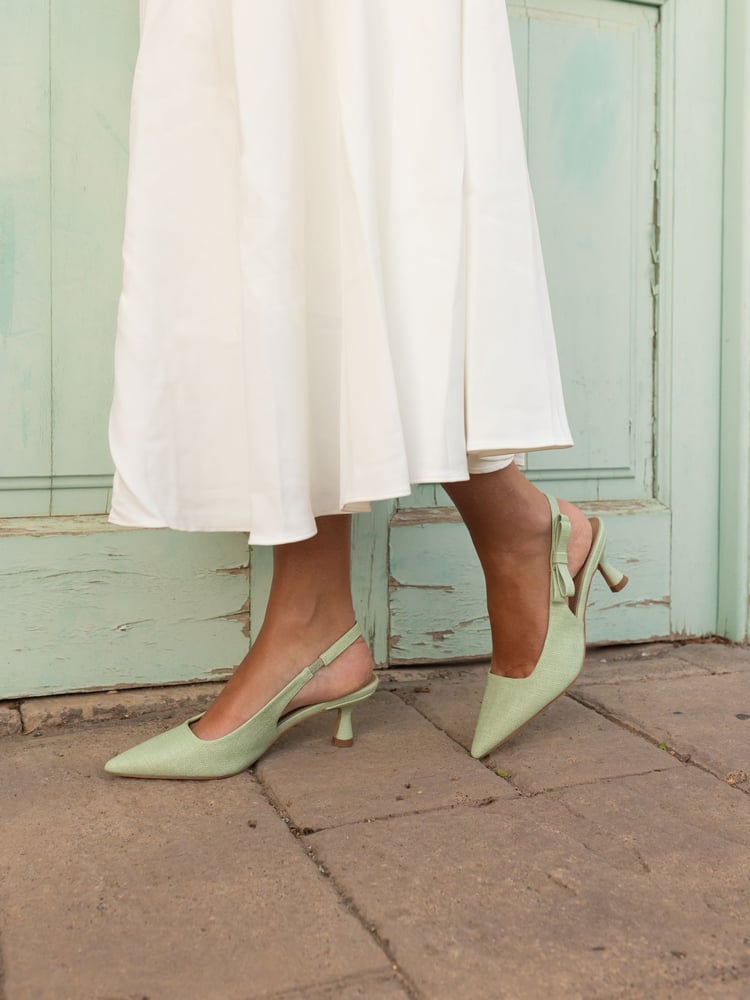 Novo Green Indi Bow Low Heel Point Slingback Courts - Image 1 of 7 Novo Green Indi Bow Low Heel Point Slingback Courts - Image 1 of 7