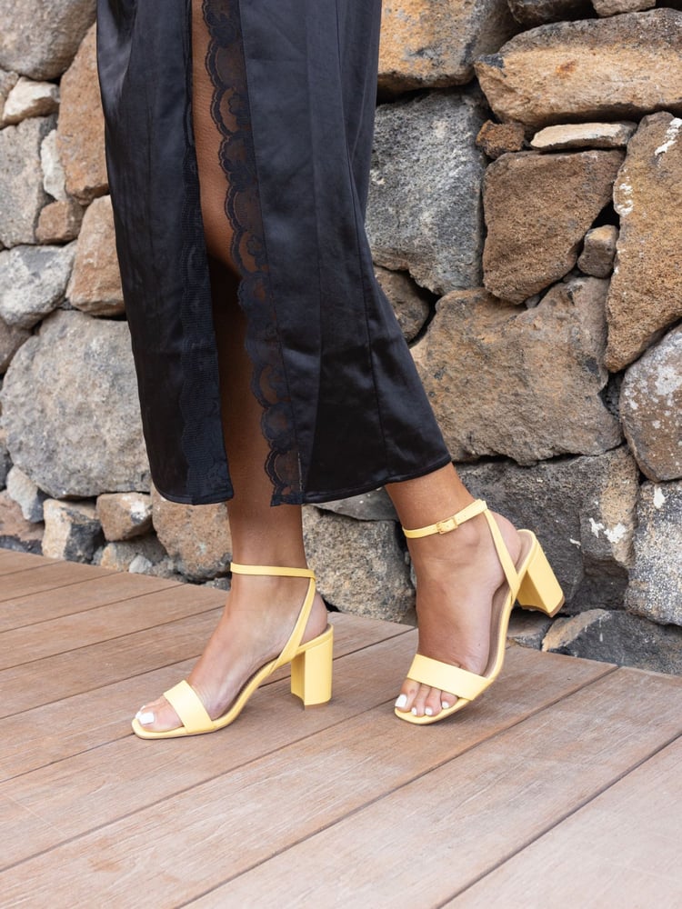 Novo Yellow Wide Fit Martinez Block Heel Sandals - Image 1 of 7 Novo Yellow Wide Fit Martinez Block Heel Sandals - Image 1 of 7