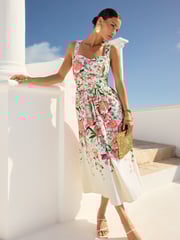 V&A I Love & Roses Ivory Floral Printed Cami Midi Dress With Linen - Image 1 of 4