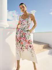 V&A I Love & Roses Ivory Floral Printed Cami Midi Dress With Linen - Image 4 of 4