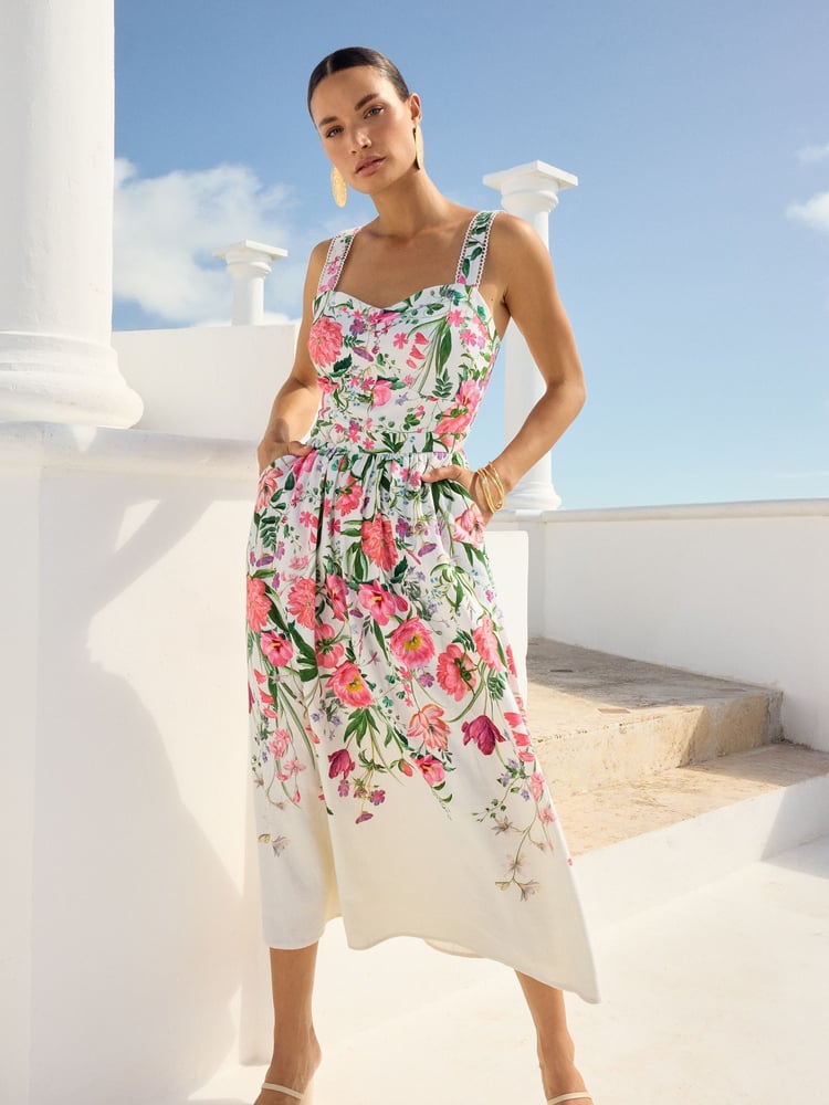V&A I Love & Roses Ivory Floral Printed Cami Midi Dress With Linen - Image 4 of 4