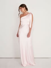 Six Stories Pink Bow One Shoulder Satin Bridesmaid Dress - Image 1 of 6