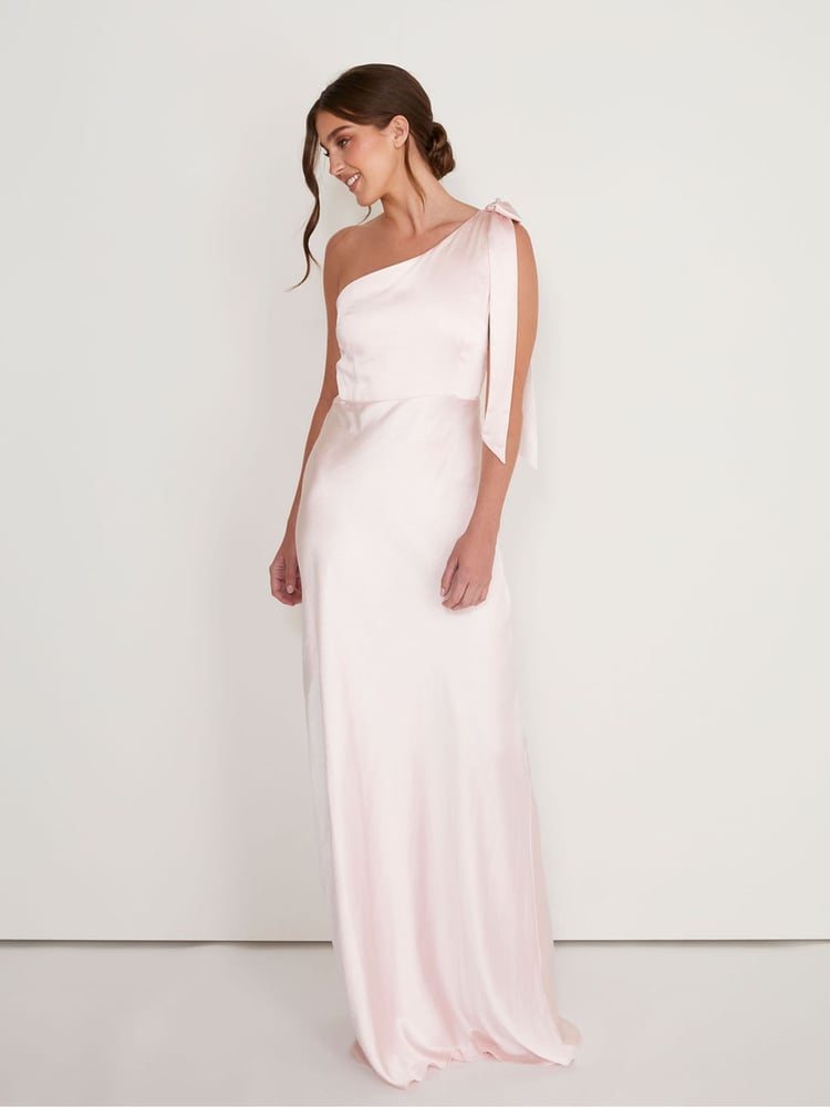 Six Stories Pink Bow One Shoulder Satin Bridesmaid Dress - Image 1 of 6
