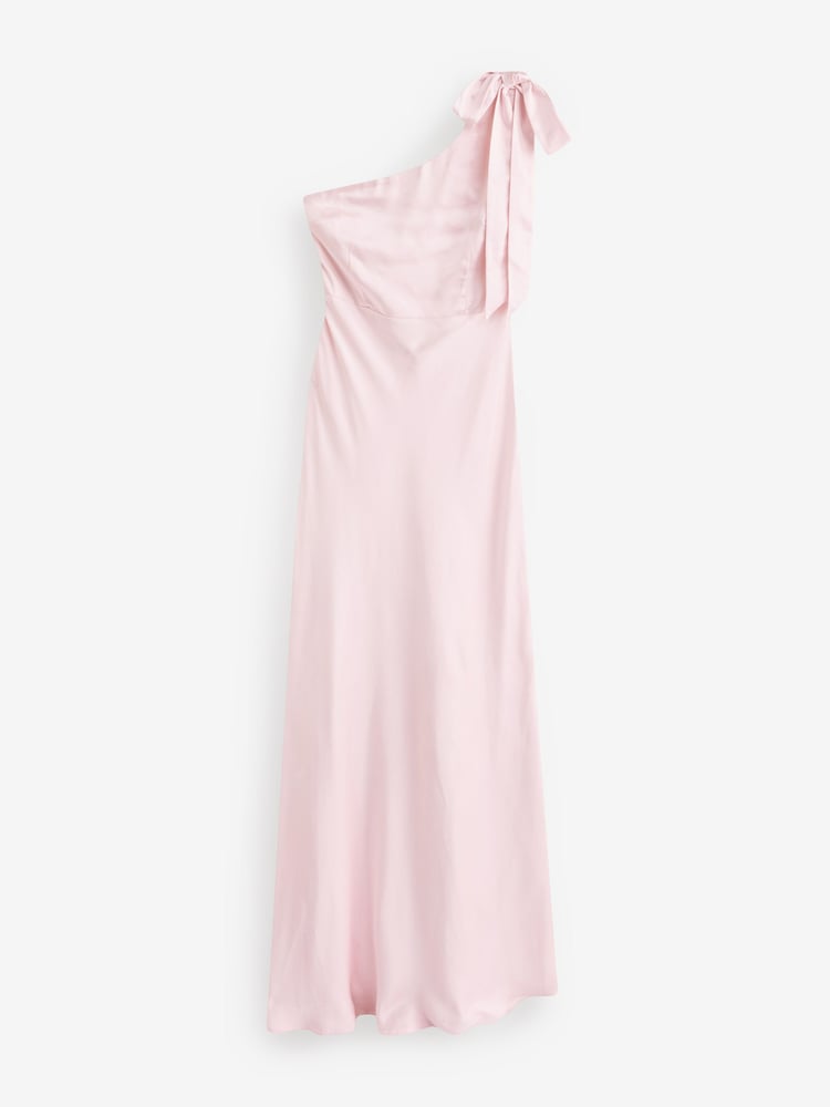 Six Stories Pink Bow One Shoulder Satin Bridesmaid Dress - Image 6 of 6