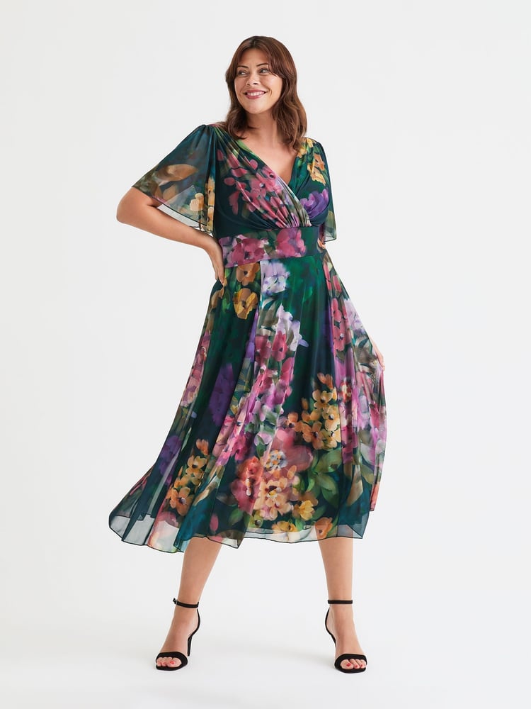 Scarlett & Jo Green Victoria Angel Sleeve Mesh Midi long Dress - Image 1 of 4