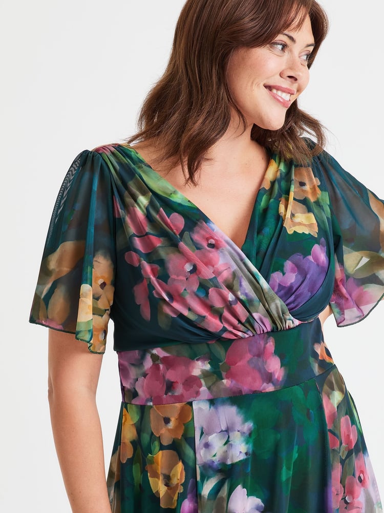Scarlett & Jo Green Victoria Angel Sleeve Mesh Midi long Dress - Image 2 of 4