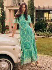 Friends Like These Green Geo Short Sleeve Chiffon Tiered Maxi Dress - Image 1 of 5