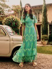 Friends Like These Green Geo Short Sleeve Chiffon Tiered Maxi Dress - Image 3 of 5