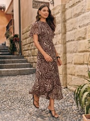 Friends Like These Brown Print Petite Short Sleeve Chiffon Tiered Maxi Dress - Image 1 of 5