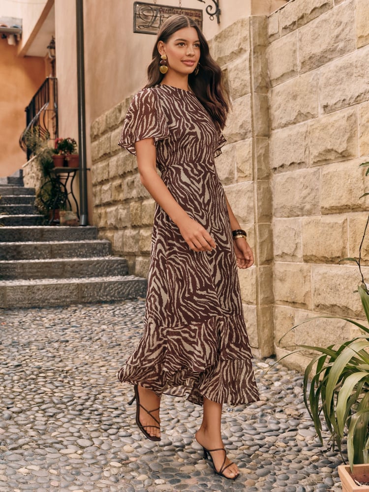 Friends Like These Brown Print Petite Short Sleeve Chiffon Tiered Maxi Dress - Image 1 of 5