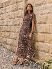 Friends Like These Brown Print Petite Short Sleeve Chiffon Tiered Maxi Dress - Image 3 of 5