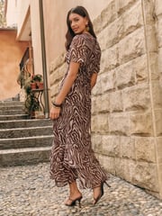 Friends Like These Brown Print Petite Short Sleeve Chiffon Tiered Maxi Dress - Image 5 of 5