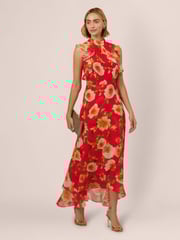 Adrianna Papell Red Ruffle Chiffon Ankle Dress - Image 1 of 7