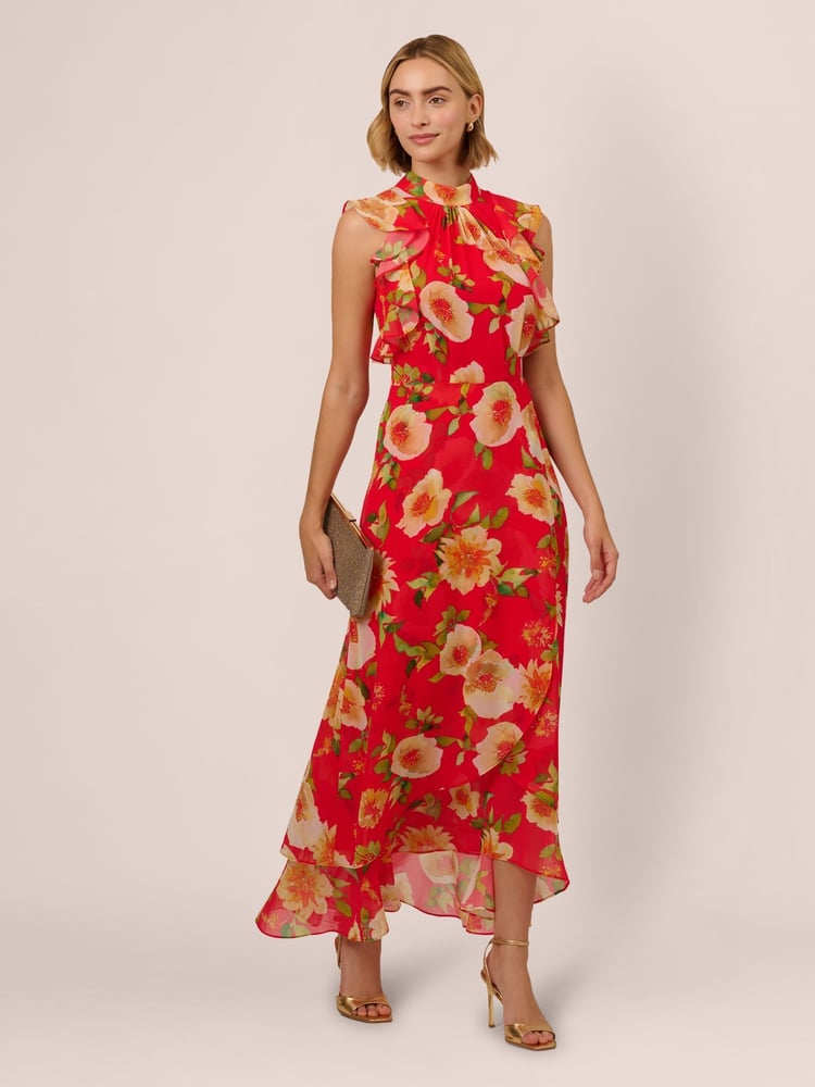 Adrianna Papell Red Ruffle Chiffon Ankle Dress - Image 1 of 7