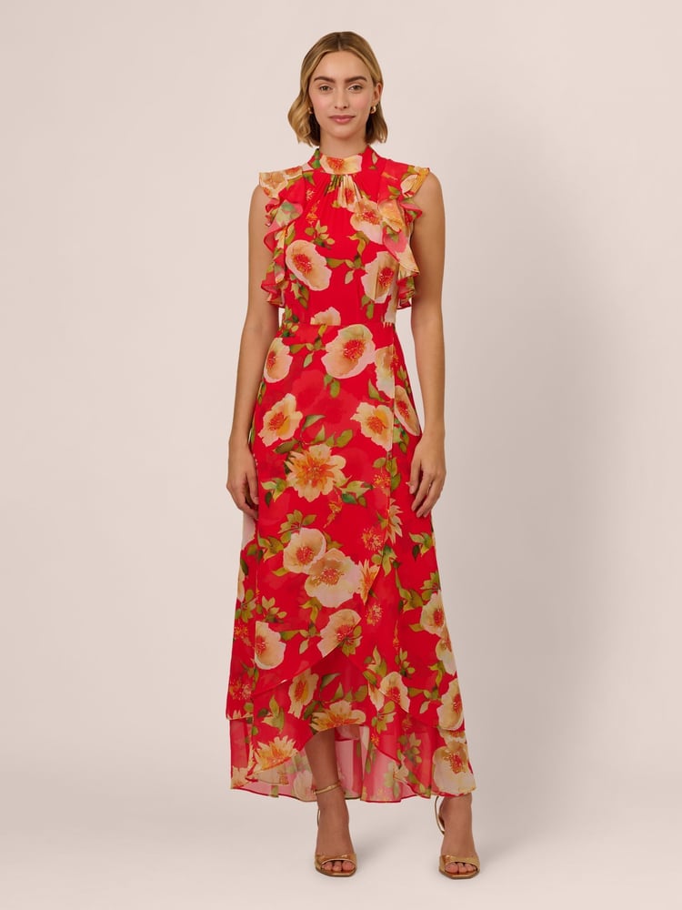 Adrianna Papell Red Ruffle Chiffon Ankle Dress - Image 2 of 7