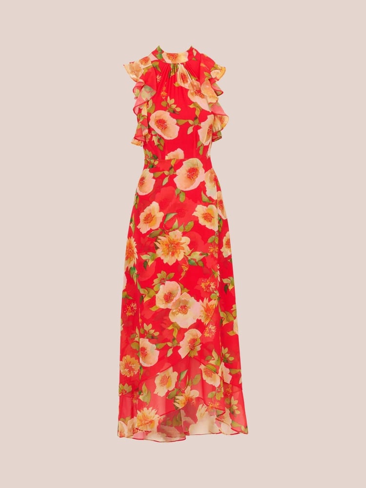 Adrianna Papell Red Ruffle Chiffon Ankle Dress - Image 7 of 7