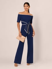 Adrianna Papell Blue Knit Crepe Tie Jumpsuit - Image 4 of 6