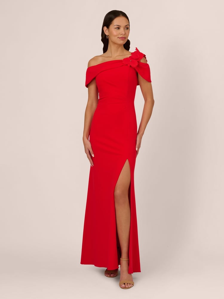Adrianna Papell Red Asymmetrical Knit Crepe Gown - Image 1 of 7