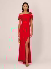 Adrianna Papell Red Asymmetrical Knit Crepe Gown - Image 3 of 7