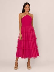 Adrianna by Adrianna Papell Pink Knit And Mesh Halter Dress - Image 1 of 7