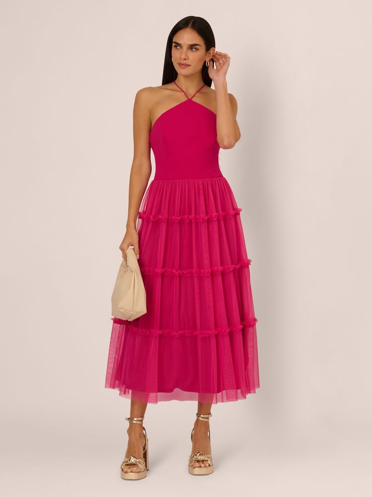 Adrianna by Adrianna Papell Pink Knit And Mesh Halter Dress - Image 2 of 7