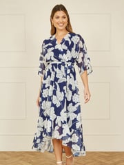Yumi Blue Mesh Bird And Floral Print Midi Dress With Ruffles - Image 1 of 5