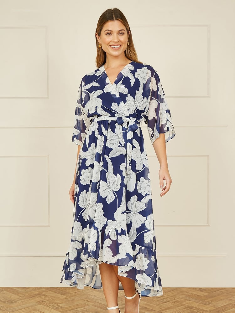 Yumi Blue Mesh Bird And Floral Print Midi Dress With Ruffles - Image 1 of 5