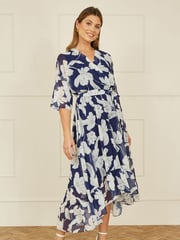Yumi Blue Mesh Bird And Floral Print Midi Dress With Ruffles - Image 2 of 5