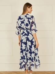 Yumi Blue Mesh Bird And Floral Print Midi Dress With Ruffles - Image 3 of 5