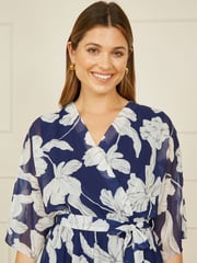 Yumi Blue Mesh Bird And Floral Print Midi Dress With Ruffles - Image 4 of 5
