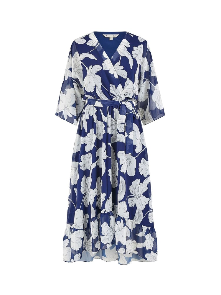 Yumi Blue Mesh Bird And Floral Print Midi Dress With Ruffles - Image 5 of 5