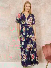 Yumi Blue Floral Mesh Tiered Maxi Dress - Image 1 of 5