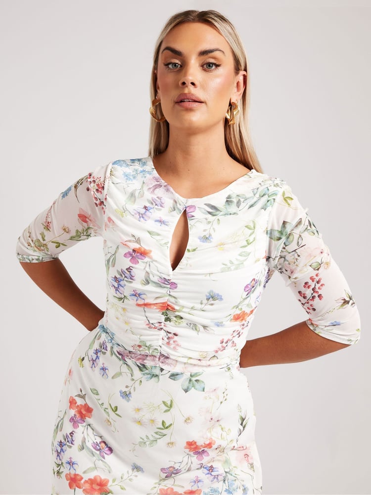 Yours Curve White London Keyhole Mesh Dress - Image 2 of 4