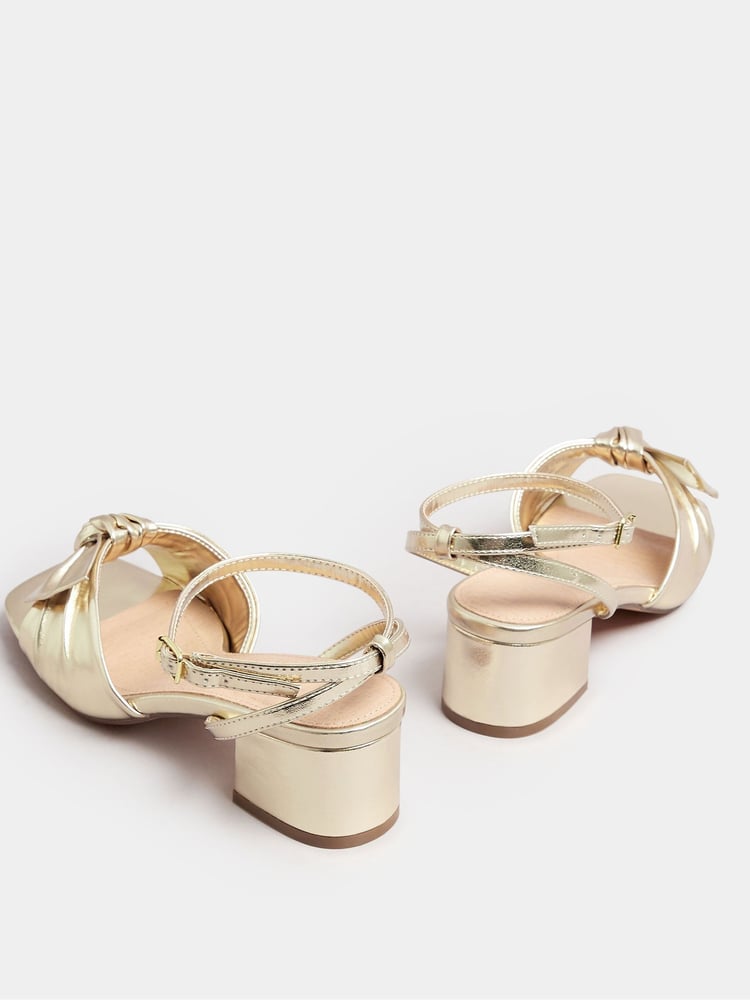 Yours Curve Gold Extra Wide Fit Wide Fit Mid Block Bow Sandals - Image 2 of 4