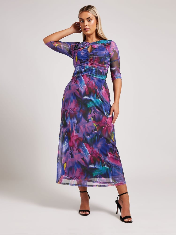 Yours Curve Black London Keyhole Mesh Dress - Image 1 of 4