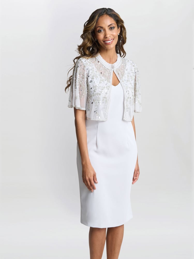 Gina Bacconi Silver Monica Beaded Jacket With Stand Frill Neck And Butterfly Sleeve - Image 1 of 5